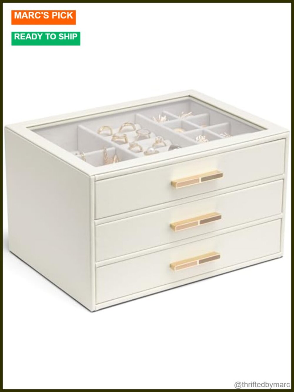 Jewelry Box Organizer 3-Layer Storage Drawers Glass Window PU Leather Velvet
